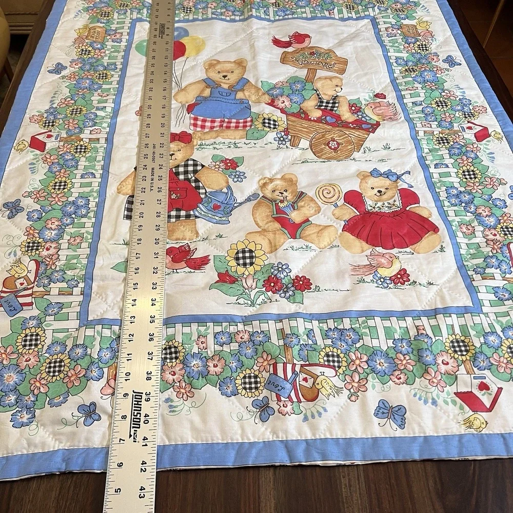Vtg‎ Gardening Blue Jean Teddy Bear Blanket Family Baby Quilt Handmade 34